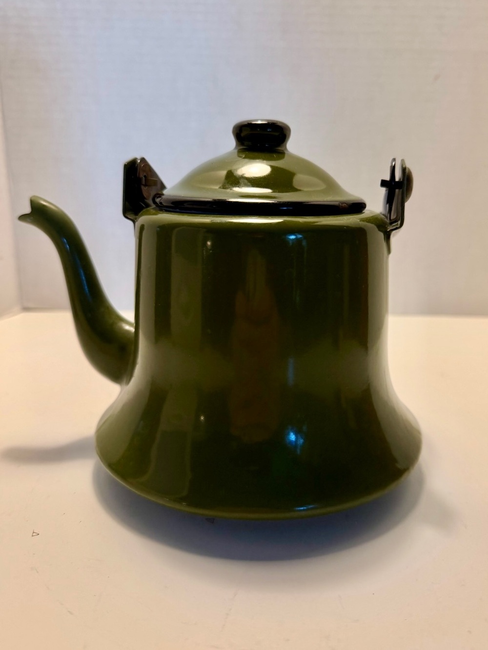 Vintage Japanese Green Enamelware Bell Shaped Teapot / Tea Kettle